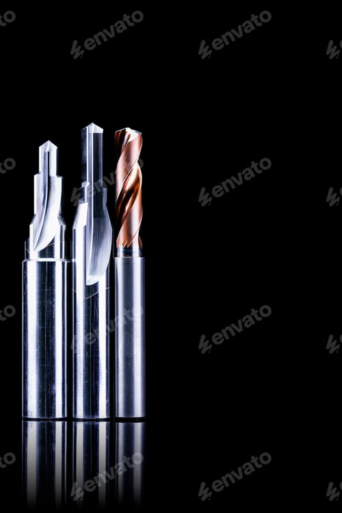 Preview: Special tools isolated on dark background. Made to order special tools. Coated step drill and reamer