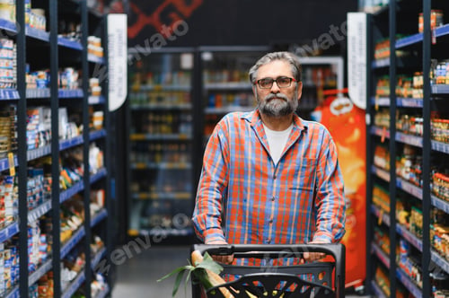 Preview: Senior man at grocery store products