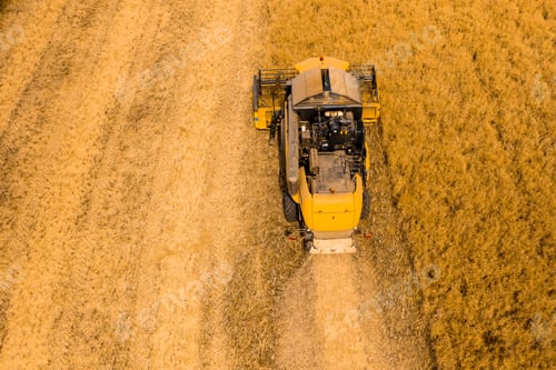 Preview: Top view of a combine harvester harvesting wheat from a field