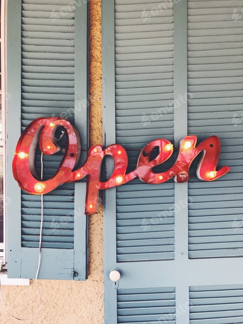Preview: Red Open Sign on Blue Shutters