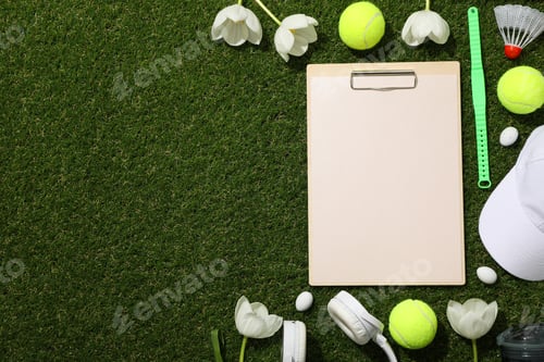 Preview: Notepad with sports accessories and spring flowers.