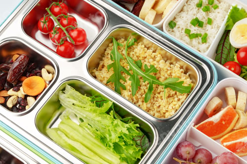 Preview: Many containers with delicious healthy food for background