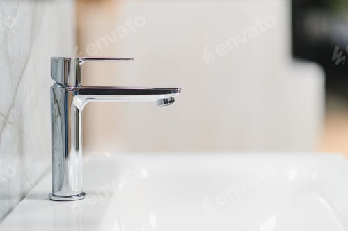 Preview: Chrome faucet with modern design in bathroom sink