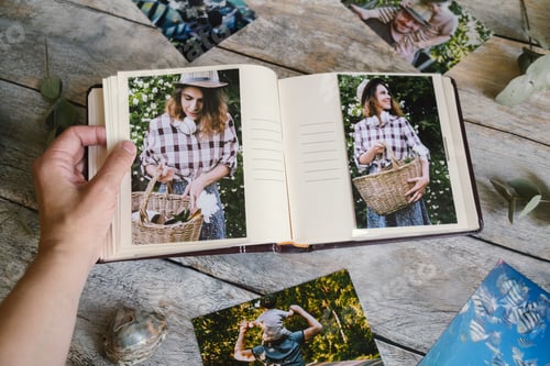 Preview: Woman browsing picture album with printed photos.