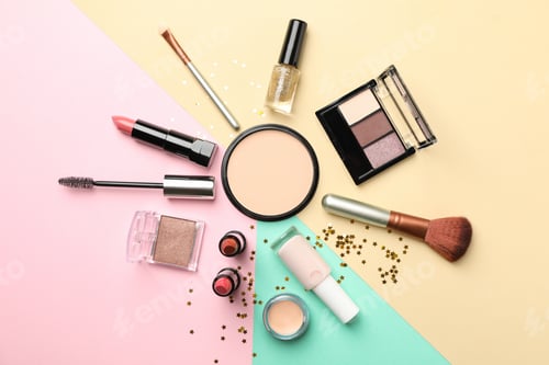 Preview: Different makeup cosmetics on color background. Female accessories