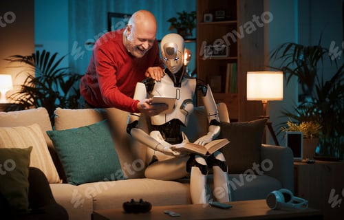 Preview: Humanoid AI robot and senior man spending time at home together