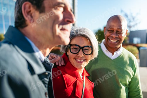 Preview: Senior friends sharing warm smile during outdoor meetup