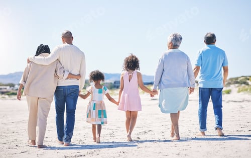 Preview: Holding hands, back and big family at the beach for holiday, walking and summer weekend by the ocea
