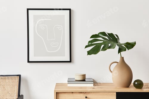 Preview: Stylish interior of living room with mock up poster frame