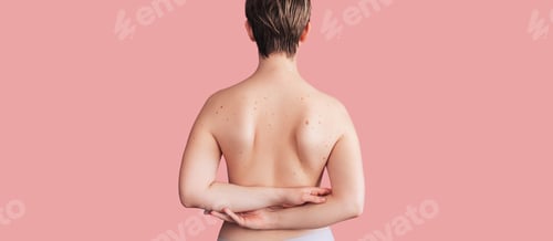 Preview: There are many moles on the back of a young girl. The effect of the sun on the skin. The panorama. A