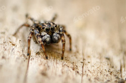 Preview: Jumping Spider on Wooden Surface in Extreme Closeup