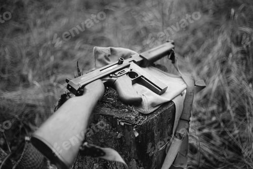 Preview: American Submachine Weapon Of World War II On Forest Stump. Black And White Toned Photo