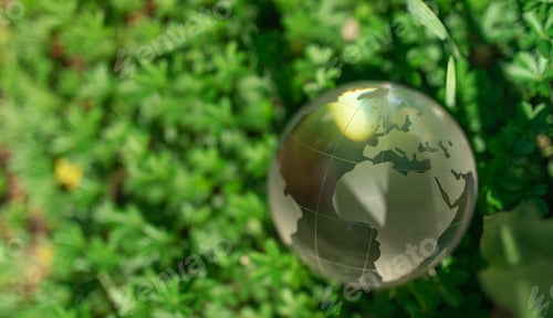 Preview: Closeup shot of a reflective crystal ball in a green natural environment - green earth concept