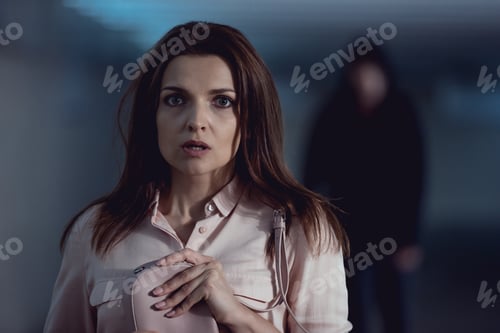 Preview: selective focus of Terrified woman near thief holding bag and looking at camera