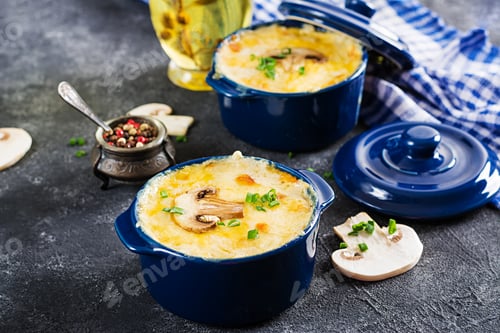 Preview: Baked mushroom julienne with chicken and cheese in pots.