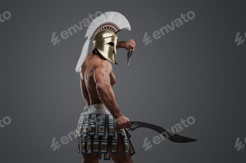 Preview: Combative greek warrior from past dressed in plumed helmet
