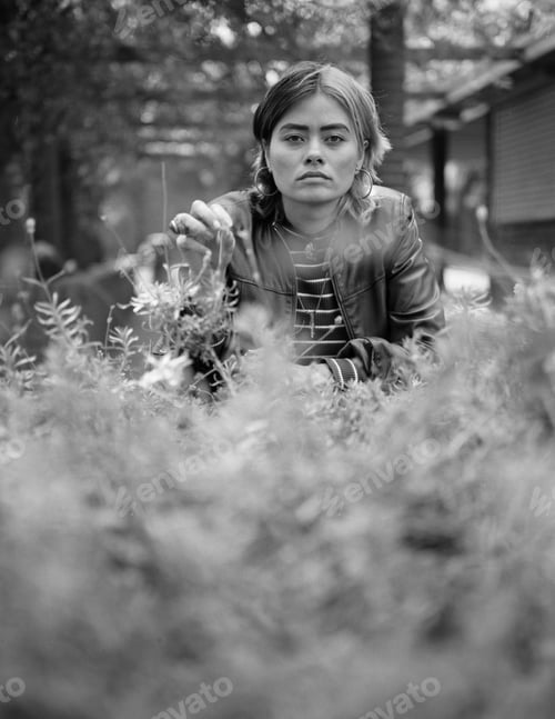 Preview: Intense woman looking at camera in monochrome portrait.