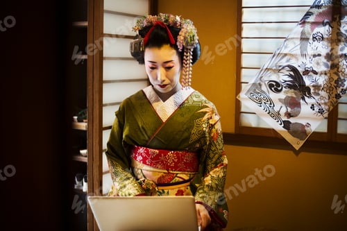 Preview: A woman dressed in the traditional geisha style, wearing a kimono and obi, with an elaborate
