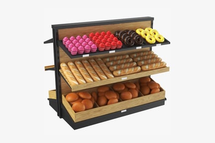 Vista previa: Vitrina de panadería con panes y rosquillas variados