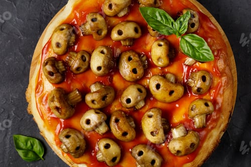 Preview: Homemade pizza with tomato sauce and mushrooms in the form of skulls. Halloween celebrations