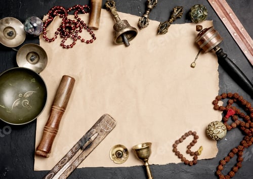 Preview: Religious objects for prayer and meditation, with a sheet of brown paper