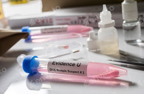Preview: Hematological analysis with forensic test kit in a murder in a crime lab, conceptual image