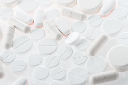 Preview: Close-up view of white medical pills and capsules, medicine and healthcare concept
