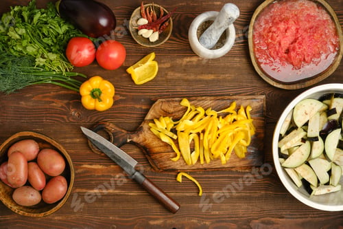 Preview: Preparing fresh ingredients for a vibrant vegetable dish in a cozy kitchen setting