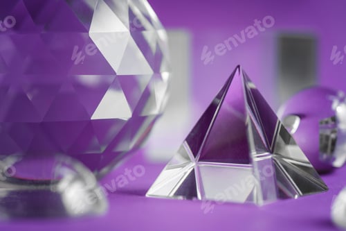 Preview: Crystal prism refracting light, magic crystals and pyramid, sphere and cube on purple background