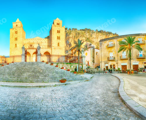 Preview: Amazing evening view on Cathedral-Basilica of Cefalu or Duomo di Cefalu and square Piazza del Duomo