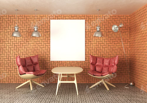 Preview: Interior Design Mockup with Red Chairs and Brick