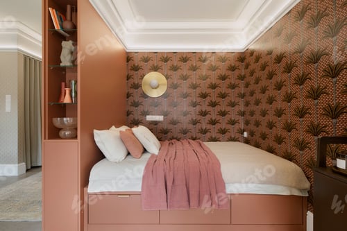 Preview: Warm and cozy composition of bedroom with big bed and personal accessories. Home decor. Template.