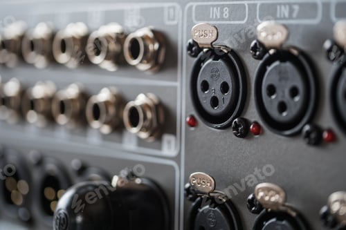 Preview: Closeup of professional audio engineering studio equipment used to record podcasts and live sound