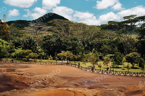 Preview: Seven colored earths in Mauritius, nature reserve, Chamarel. The green forest is behind us.Mauritius