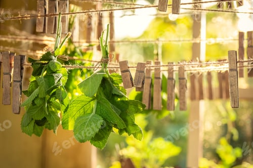 Preview: Closeup of harvested mint hanging on laundry lines with clasps