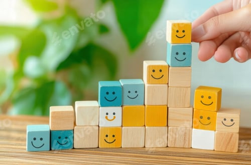 Preview: Building a cheerful block tower with smiling wooden pieces