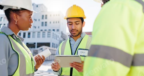 Preview: Tablet, group and construction engineers on site for city planning, maintenance or repairs. Discuss