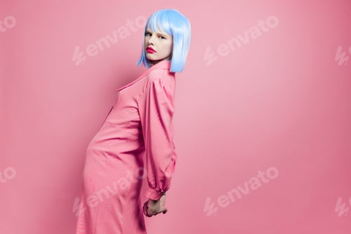 Preview: portrait of a woman wears a blue wig makeup studio model