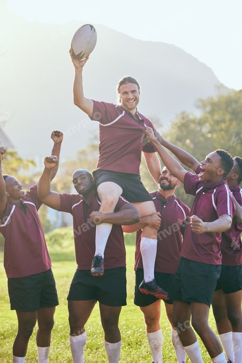 Preview: Group portrait, sports team and rugby celebration, collaboration and teamwork victory, challenge go