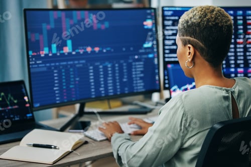 Preview: Woman at computer, research and data on crypto trade, investment or online stocks. Nft, back of cyb