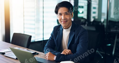 Preview: Japanese businessman, portrait and pride with laptop for email, communication or digital design. Ma
