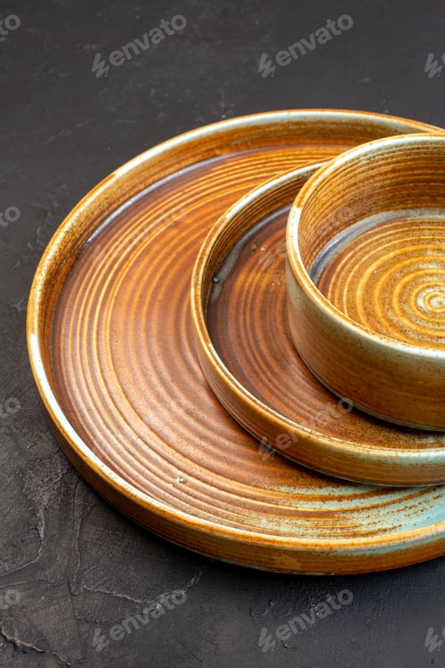 Preview: front view brown big tray with same colored plate on dark background color ceramic food table