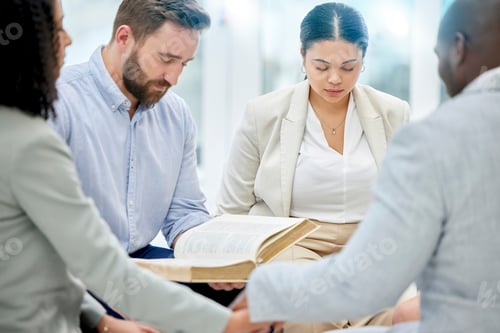 Preview: Business people, bible and office for prayer together in worship, religion and mindfulness for spir