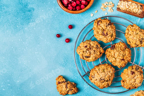 Preview: Homemade oatmeal cookies with cranberries and pumpkin seeds.