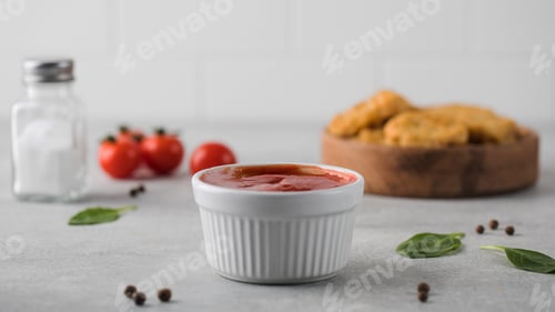 Preview: Ketchup in a white bowl against a background of tomatoes and a bowl of nuggets in a light kitchen.