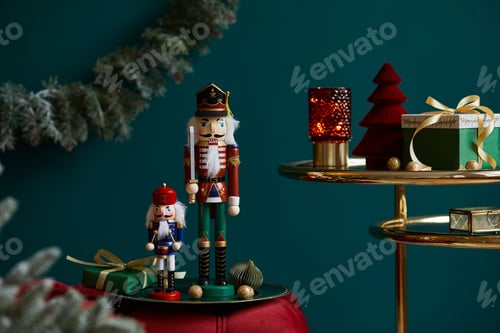 Preview: Christmas composition on the red velvet bench with decoration.
