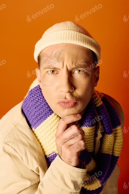 Preview: Young man with tattoos poses thoughtfully against a vibrant orange backdrop on a creative adventure