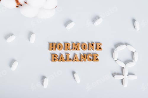 Preview: Hormonal balance concept, pills around text on blue background top view