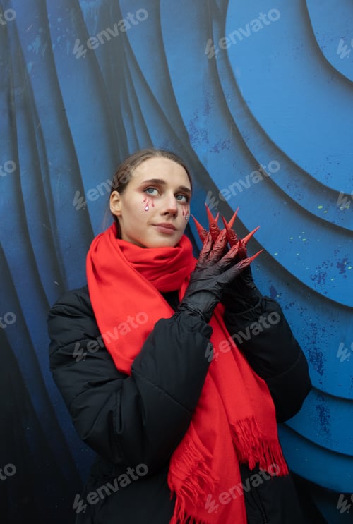 Preview: Beautiful girl with Halloween make-up and handmade gloves with bloody clowes