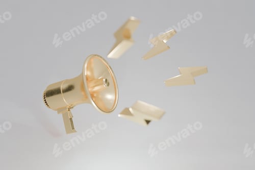 Preview: Golden megaphone with lightning bolts on a light background, symbolizing powerful communication